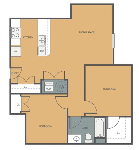 Floor plan for 2 beds, 1 bath, 900 sqft